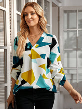 EMERY ROSE Women's Geometric Print V-Neck Cuffed Long Sleeve Casual Loose Fit Blouse, Autumn